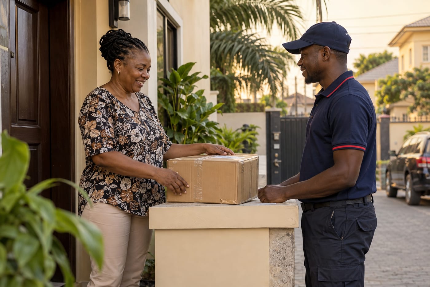 A parcel being handed over at a front door in Nigeria