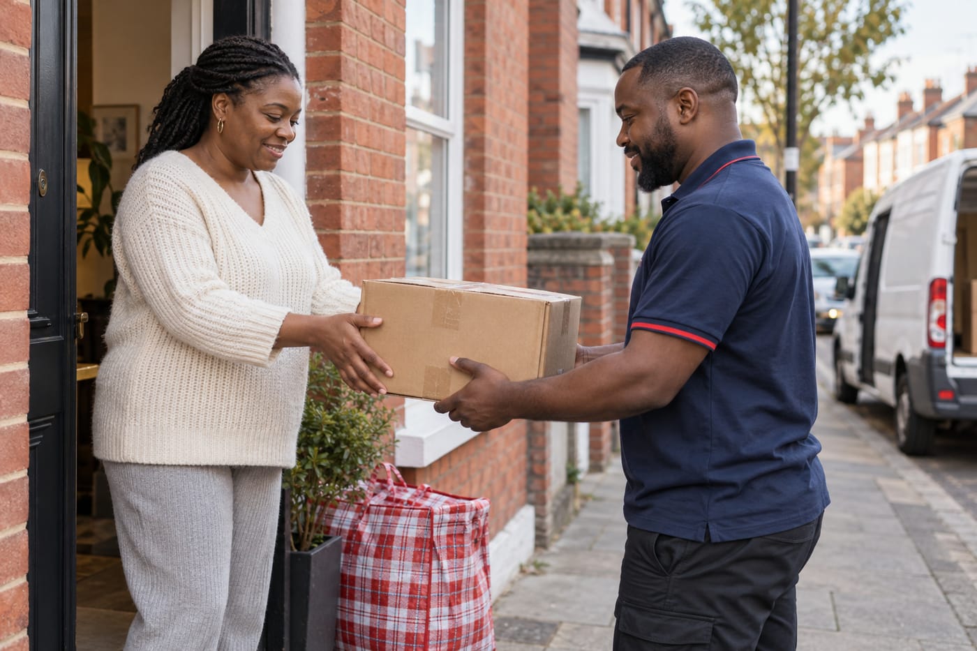A parcel and a check shipping bag being collected from a UK doorstep