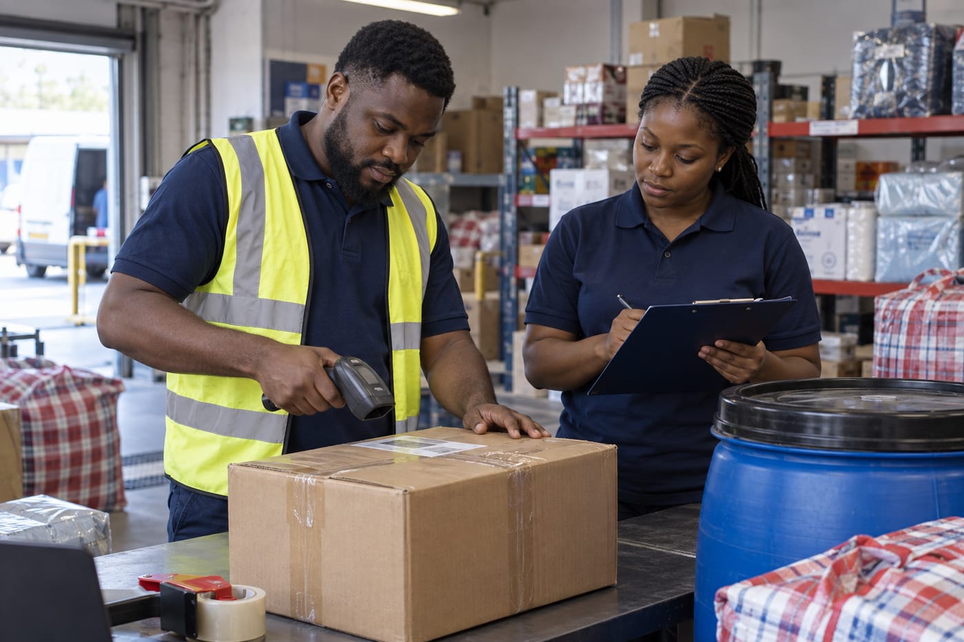 Our team checking and labelling a box beside a shipping drum and check bags